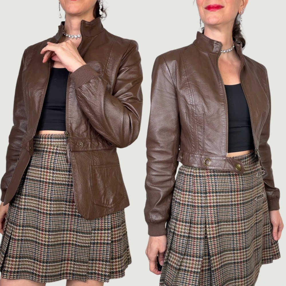 Newport News‎ Leather Moto Jacket Brown Zip Front Vintage Y2K Convertible S